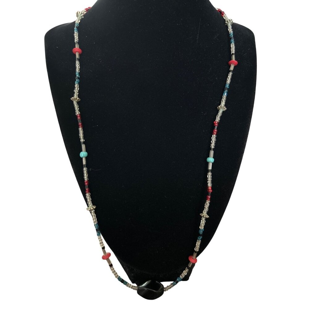 Beaded Necklace With Black Onyx & Mixed Colorful Beads 24”